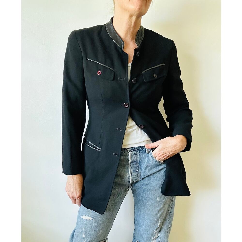 Vintage 90s Anne Klein Wool/Leather Trim Blazer SZ 2 Equestrian Quite Luxury
